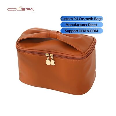 PU Soft Leather New Arrival Travel Portable Makeup Bags Storage Large Capacity Waterproof Stylish Bow Handle Cosmetic Bag