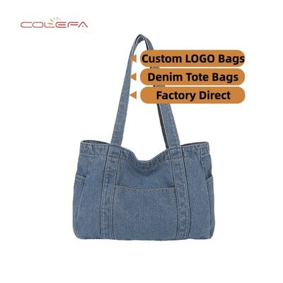 Denim Tote Bag 2026 New Korean Style Fashionable Casual Shoulder Bag Large Capacity Literary Style Commuting Tote Bags with LOGO
