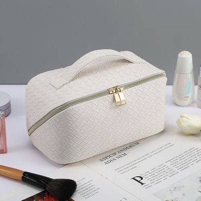 Korean-Style Fashion Large Capacity Makeup Bag High-Quality PU Leather Woven Storage Pouch Multifunctional Cosmetic Bag