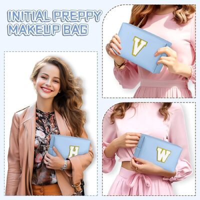 26 Embroidered Letter PU Leather Made Cosmetic Toiletry Bag Large Capacity Octagonal Travel Organizer Makeup Clutch