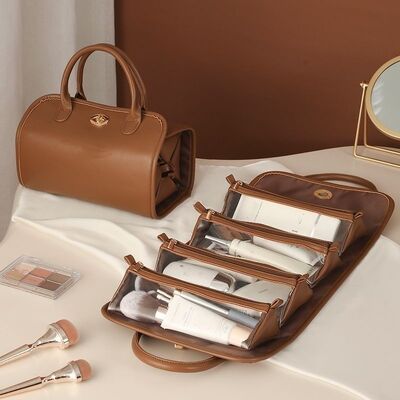 Foldable Niche Portable Retro Luxury Detachable Minimalist Makeup Organizer Bag Waterproof PU Leather Cosmetic Bag 2026New Style