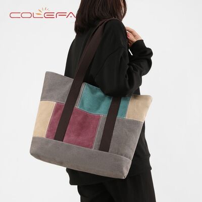 New Style Shoulder Tote Bag Ladies Minimalist Fashion Korean-Style Large Capacity Color-Blocked Patchwork Versatile Canvas Bag