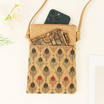 Trendy Bohemian Cork Phone Pouch Women's Crossbody Bag with Adjustable Strap - Travel Souvenir Customization Available