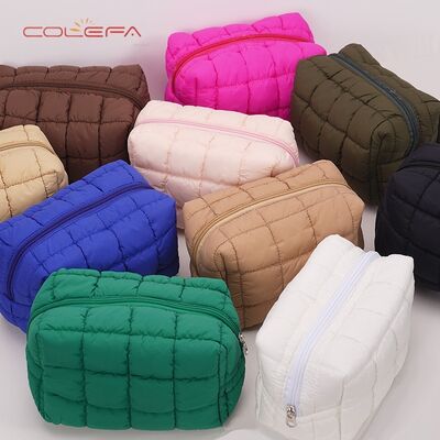 Nylon Quilted Checkered Cosmetic Bag Large Capacity Toiletry Organizer Puffy Checkered Padded Cotton Small Square Bags