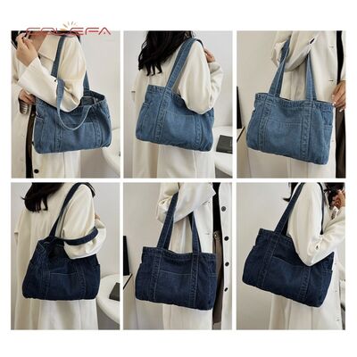 Denim Tote Bag 2026 New Korean Style Fashionable Casual Shoulder Bag Large Capacity Literary Style Commuting Tote Bags with LOGO
