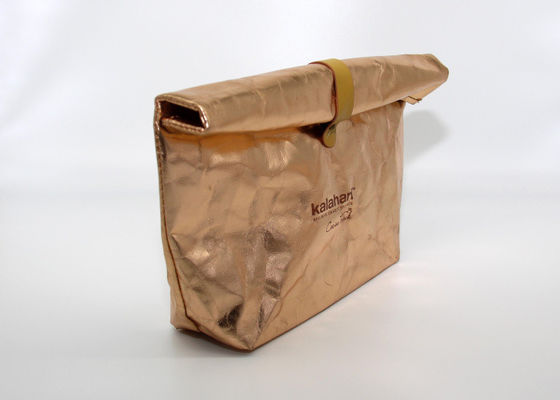 OEM Washable Kraft Paper Makeup Cosmetic Bag Rose Gold With Metal Button Closing