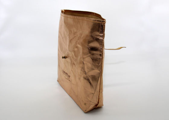 OEM Washable Kraft Paper Makeup Cosmetic Bag Rose Gold With Metal Button Closing