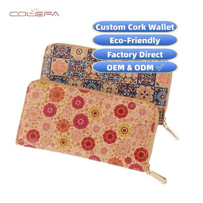 Porta-moeda retrô feminino de estilo longo com fecho com impressão Bestseller Eco-Friendly Cork Bark Wallet Travel Souvenir